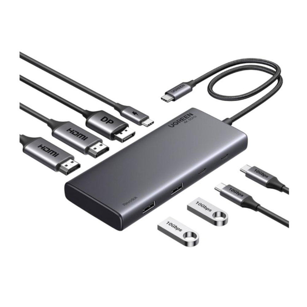 USB-Хаб Ugreen Revodok (USB-C) (CM639) Подключение: встроенный кабель USB-C с оплёткой (35 см). Порты: USB-C PD 3.0 (100 Вт), 2 USB-C 3.2 Gen 2, 2 USB-A 3.2 Gen 2, 2 HDMI (до 4K 60 Гц), DisplayPort (до 4K 60 Гц)