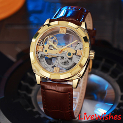 Часы наручные механические скелетоны FORSINING на кожаном ремешке, золотистый/коричневый W8990-04