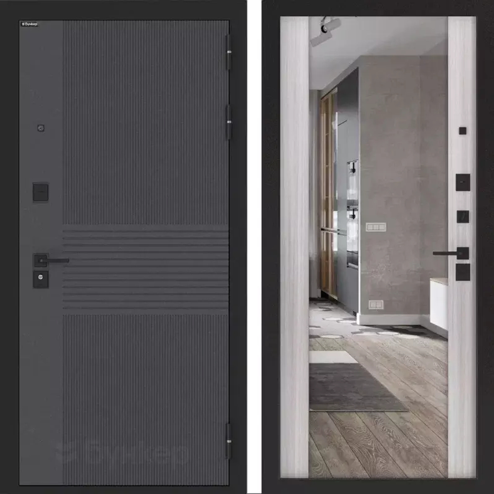 Входная металлическая дверь с зеркалом Бункер HIT B-05/ ФЛЗ-1 Сандал белый
