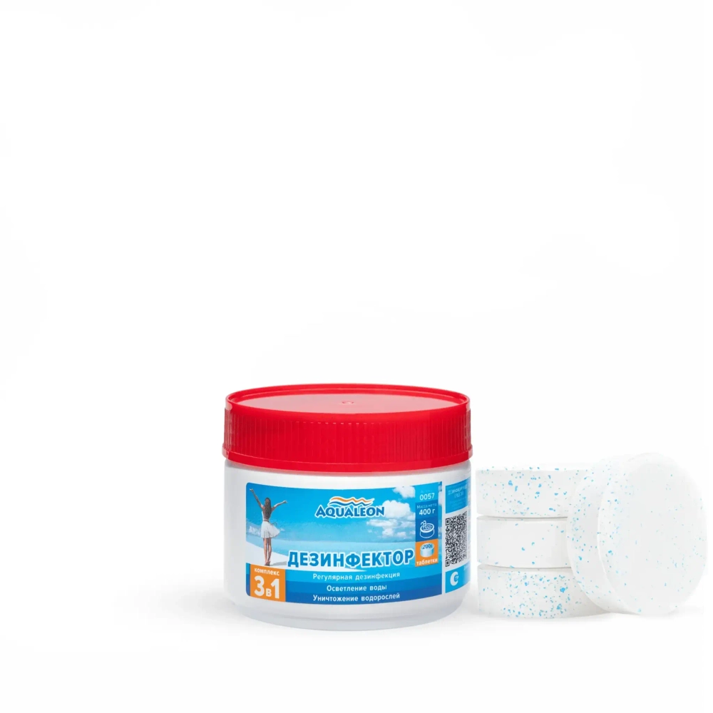 Комплексное средство для дезинфекции воды в бассейне Aqualeon DK0.4T 2 таблетки/200 гр. (банка, 0,4 кг)
