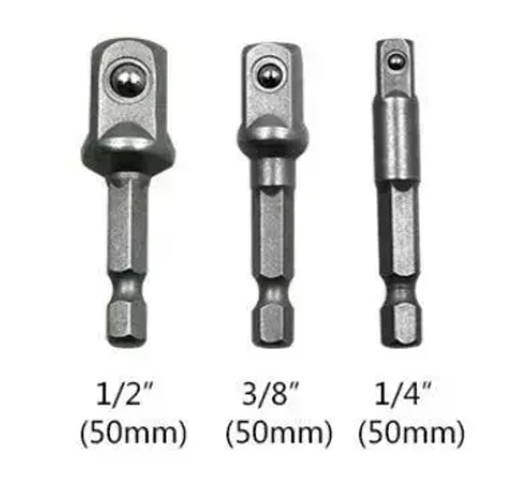Адаптеры, переходники для шуруповерта под торцевые головки 1/4", 3/8", 1/2", длина 50 мм, комплект 3 шт