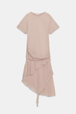 ZARA КОМБИНИРОВАННОЕ ПЛАТЬЕ С ВОЛАНАМИ, ТЕЛЕСНО-РОЗОВЫЙ