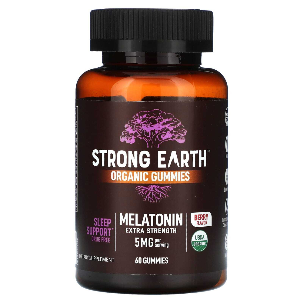 YumVs, Органические жевательные мармеладки Strong Earth, мелатонин, усиленная форма, ягоды, 5 мг, 60 жевательных таблеток