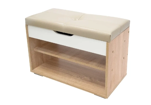 ЭВА Банкетка_БК-002 (длина 660 мм) Корпус - Дуб Сонома светлый  Фасад ЛДСП - Белый (Шагрень) Кожзам.- Бежевый