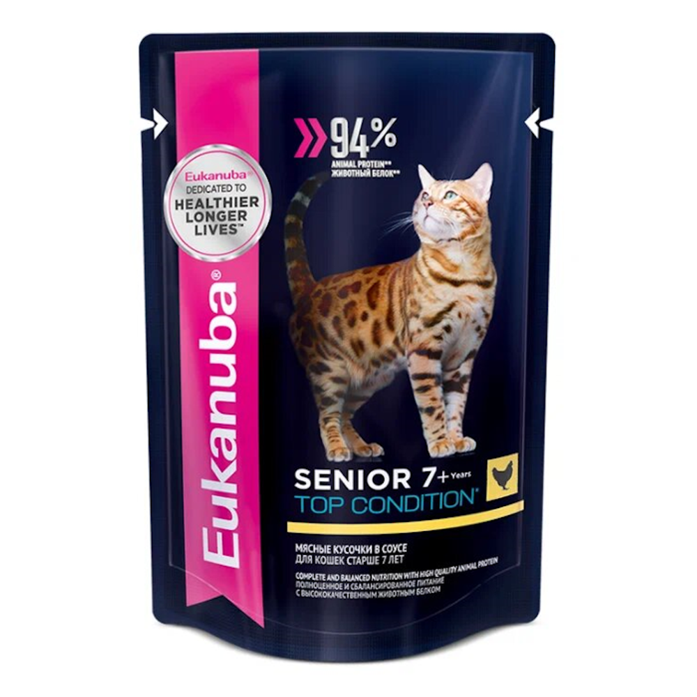 Пауч Eukanuba Senior 7+ Top Condition для взрослых кошек старше 7 лет, с курицей в соусе Пауч Eukanuba Senior 7+ Top Condition для взрослых кошек старше 7 лет, с курицей в соусе