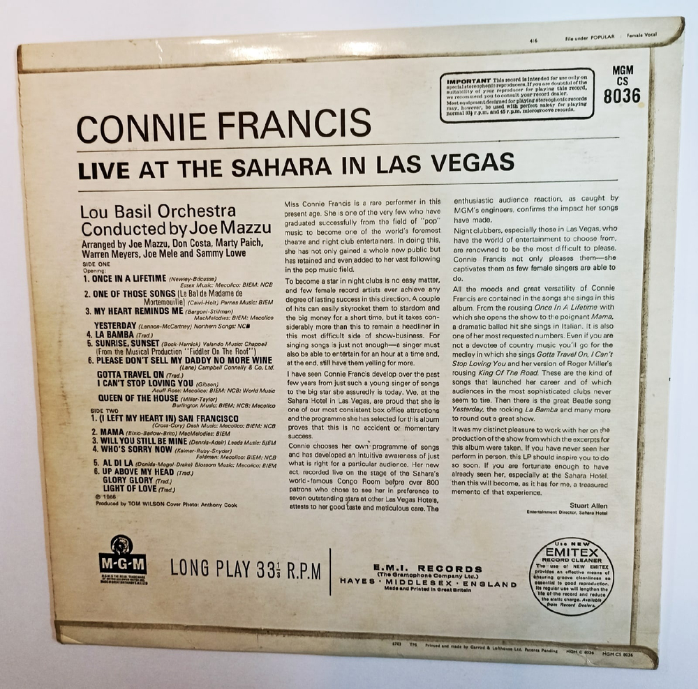 Connie Francis Live At The Sahara In Las Vegas (UK 1966)