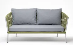 "Диего" диван 2-местный плетеный из роупа, каркас алюминий светло-серый (RAL7035) муар, роуп салатовый меланж круглый, ткань светло-серая