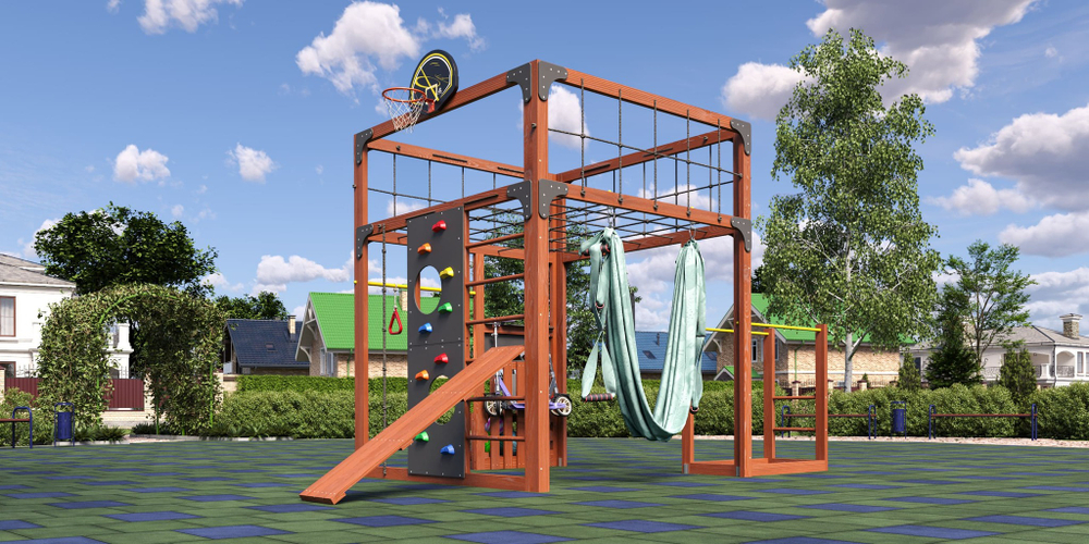 Детская площадка Савушка КУБ-1 (махагон) с гамаком для йоги