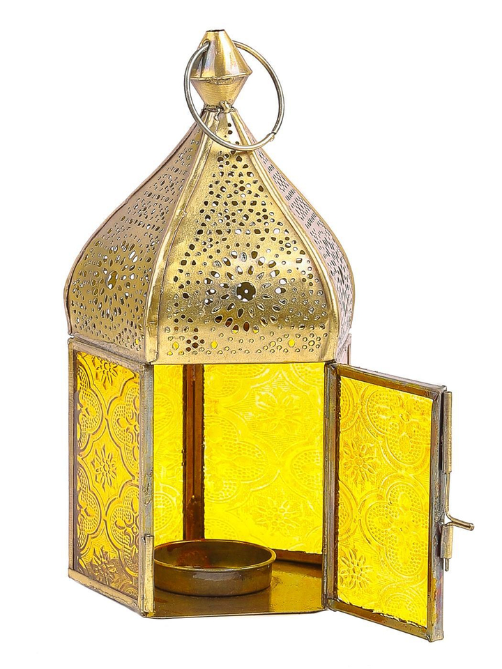 Подсвечник Фонарь металл золотистый стекло цвет желтый 11x11x18 см