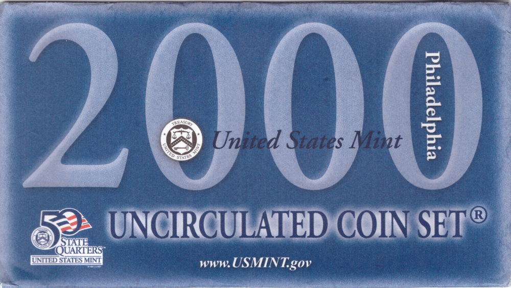 Годовой набор монет США 2000 год. Филадельфия (P: 5 монет годовых; 5 монет 25 центов штаты) в родном конверте. Медно-никель, медь