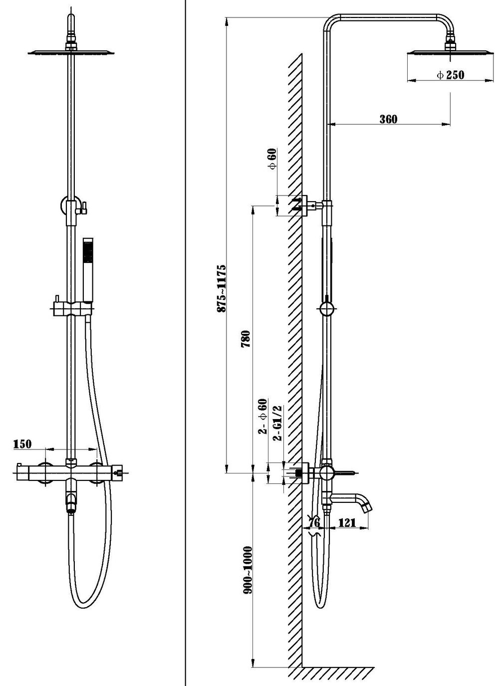 Душевая стойка Vincea Villa VSFS-1VL1MB с изливом, 25см верх. душ из нерж. стали, черный