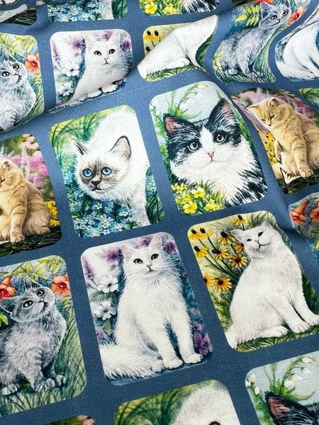 КОТОПОРТРЕТЫ, ГОЛУБОЙ, КУПОН 52 /110 см (6 рядов В ОДНОМ РЯДУ 18 КАРТИНОК), 100% хлопок Handmade Fabrics 6
