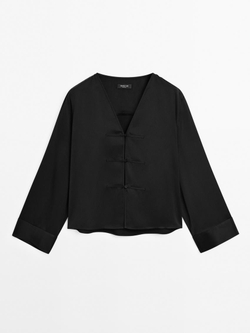 Massimo Dutti Блуза из сатина с пуговицей, черный