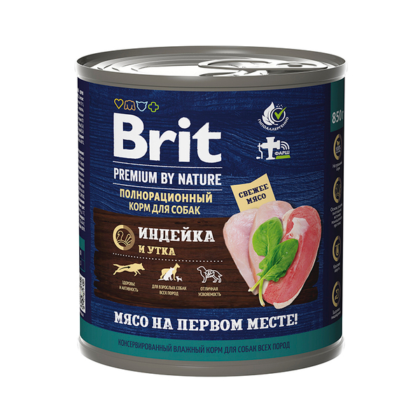 Влажный корм Brit Premium by Nature с индейкой и уткой, для взрослых собак всех пород, 850 г