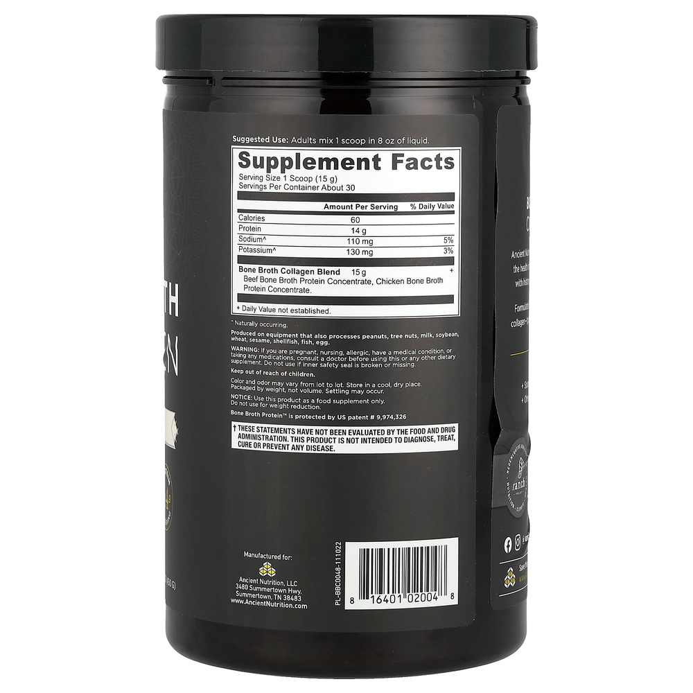 Ancient Nutrition, коллаген из костного бульона, без добавок, 450 г (15,9 унции)