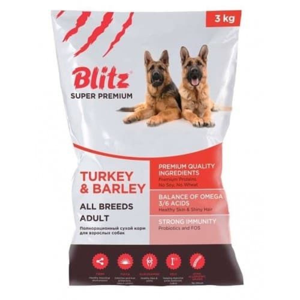 BLITZ 3кг ADULT Turkey&Barley/полнорационный сухой корм для взрослых собак/ BLITZ 3кг ADULT Turkey&Barley/полнорационный сухой корм для взрослых собак/