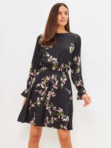 Платье мини 0155 черный шелк с цветами