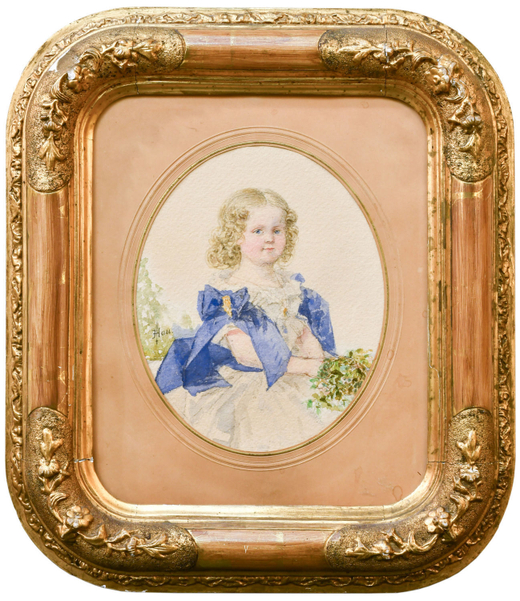 Гау В. И. (?) Девочка в белом с голубыми бантами. Карандаш, акварель. Европа.