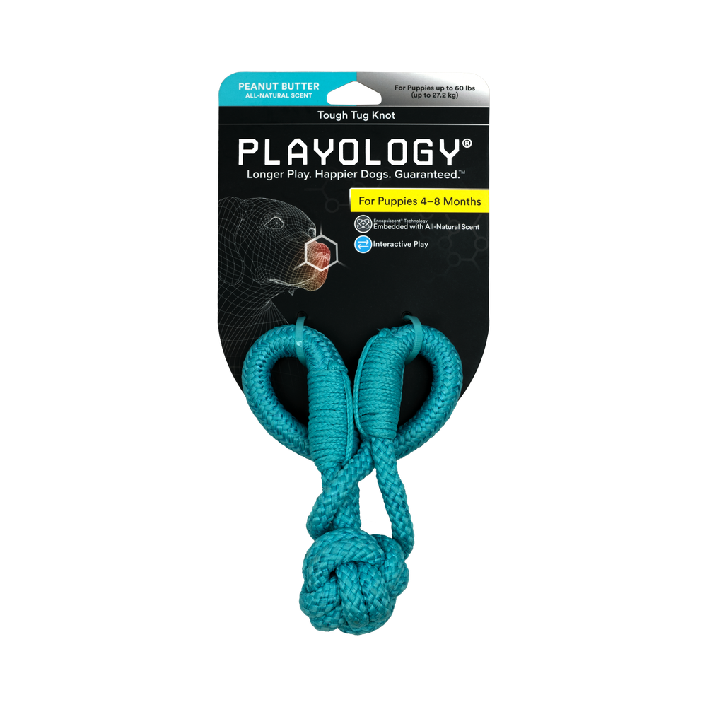 Playology жевательный канат TOUGH TUG KNOT для щенков 4-8 месяцев с ароматом арахиса, цвет голубой