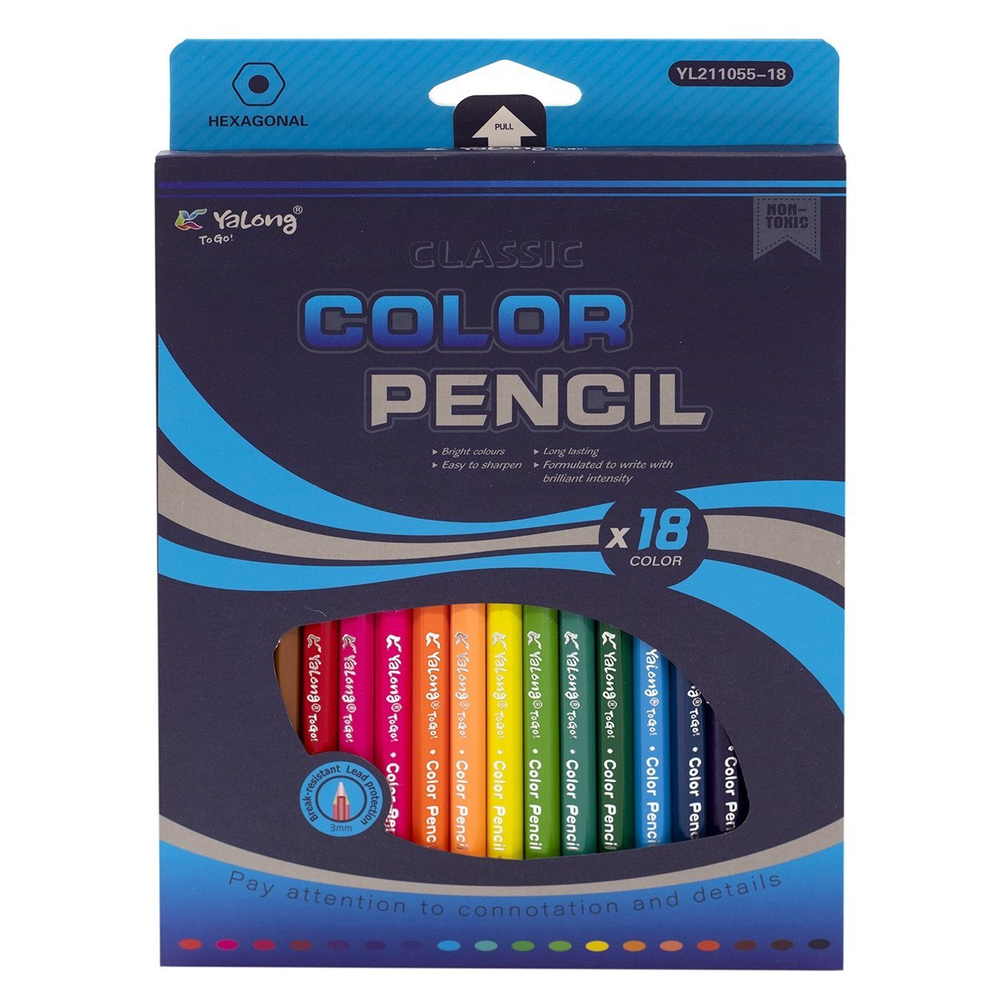 Карандаши цветные Yalong 18 цв., "Classic" деревянные, шестигранные, заточенные, грифель 3.0 мм, картон. уп, европодвес