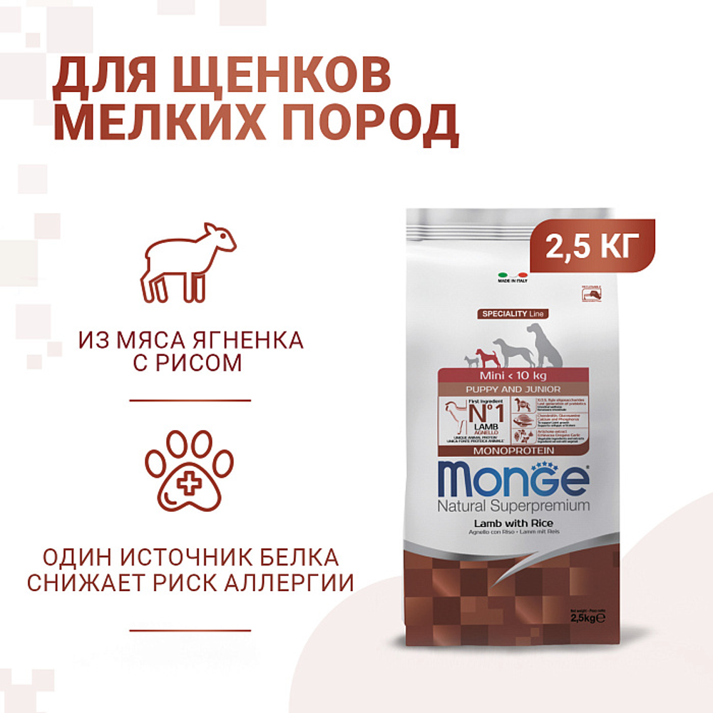 Сухой корм Monge Dog Speciality Line Monoprotein Mini для щенков и беременных собак мелких пород, из ягненка с рисом 2,5 кг