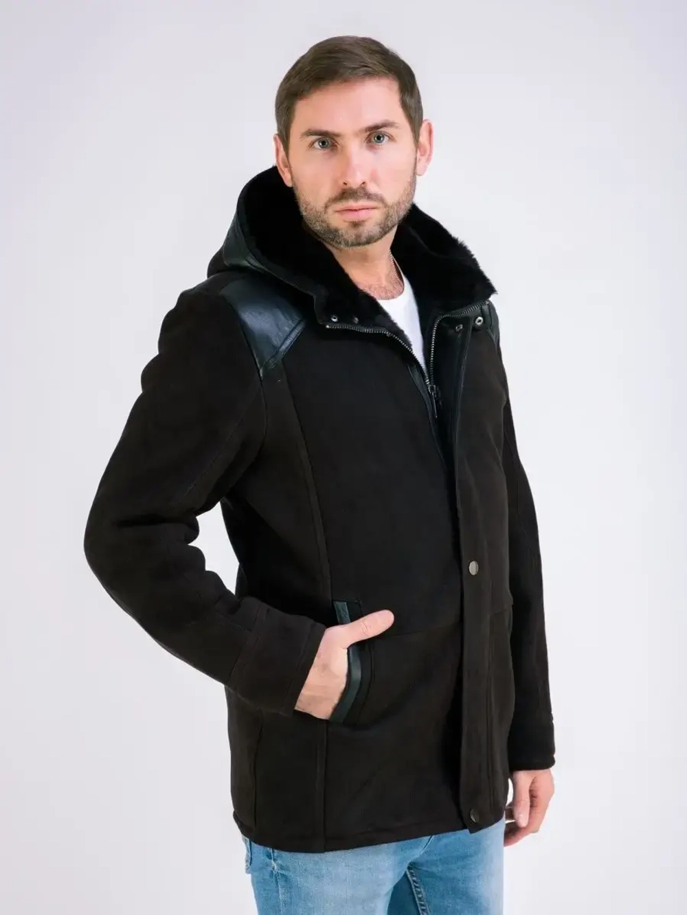 Дубленка мужская натуральная зимняя с капюшоном Турция