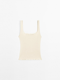 Massimo Dutti Топ из 100% хлопка в рубчик с воланами, бежевый