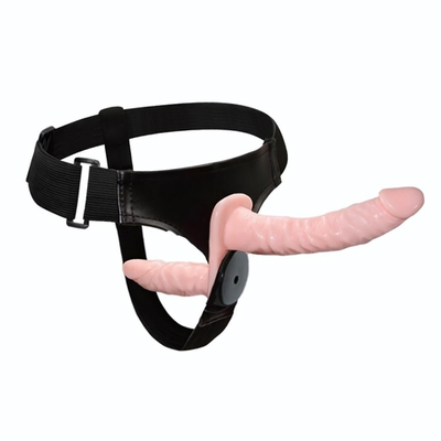 Женский страпон с вибрацией и вагинальной пробкой Ultra Passionate Harness - 18 см. (Цвет: телесный с черным)