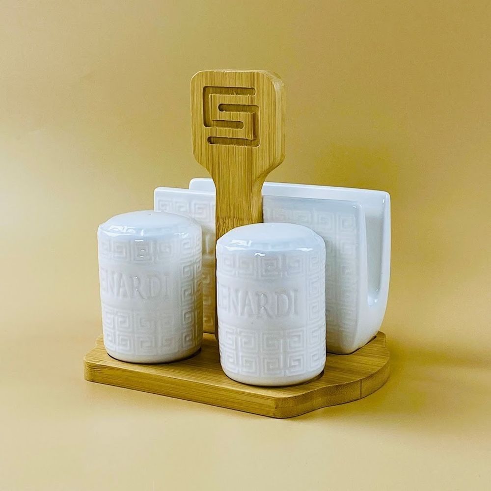 Lenardi 140-122 Набор для специй 3пр. солонка/перечница/салфетница на подставке BAMBOO в под.уп.(х30)Фарфор
