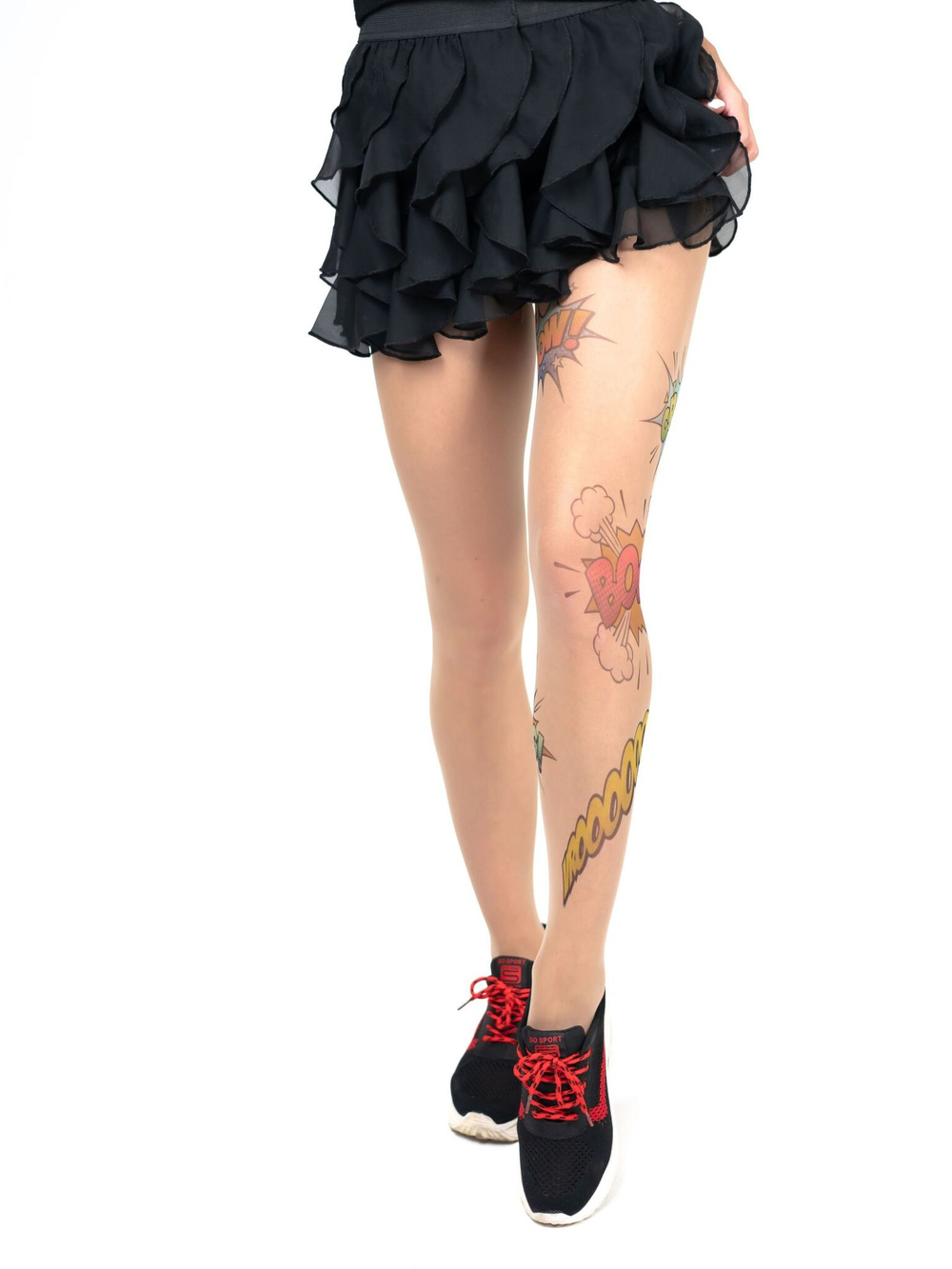 Колготки с принтом в виде цветных спич-баббл на левой ножке (Размер: S-M-L) (Цвет: бежевый)