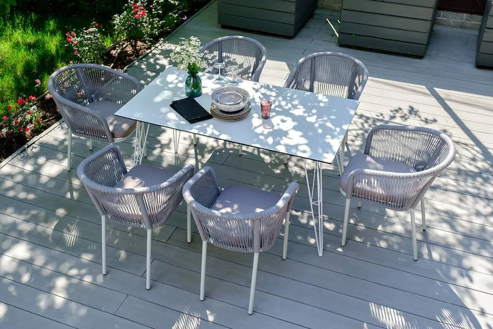 "Марсель" стул плетеный из роупа, каркас алюминий белый муар, роуп светло-серый круглый, ткань светло-серая