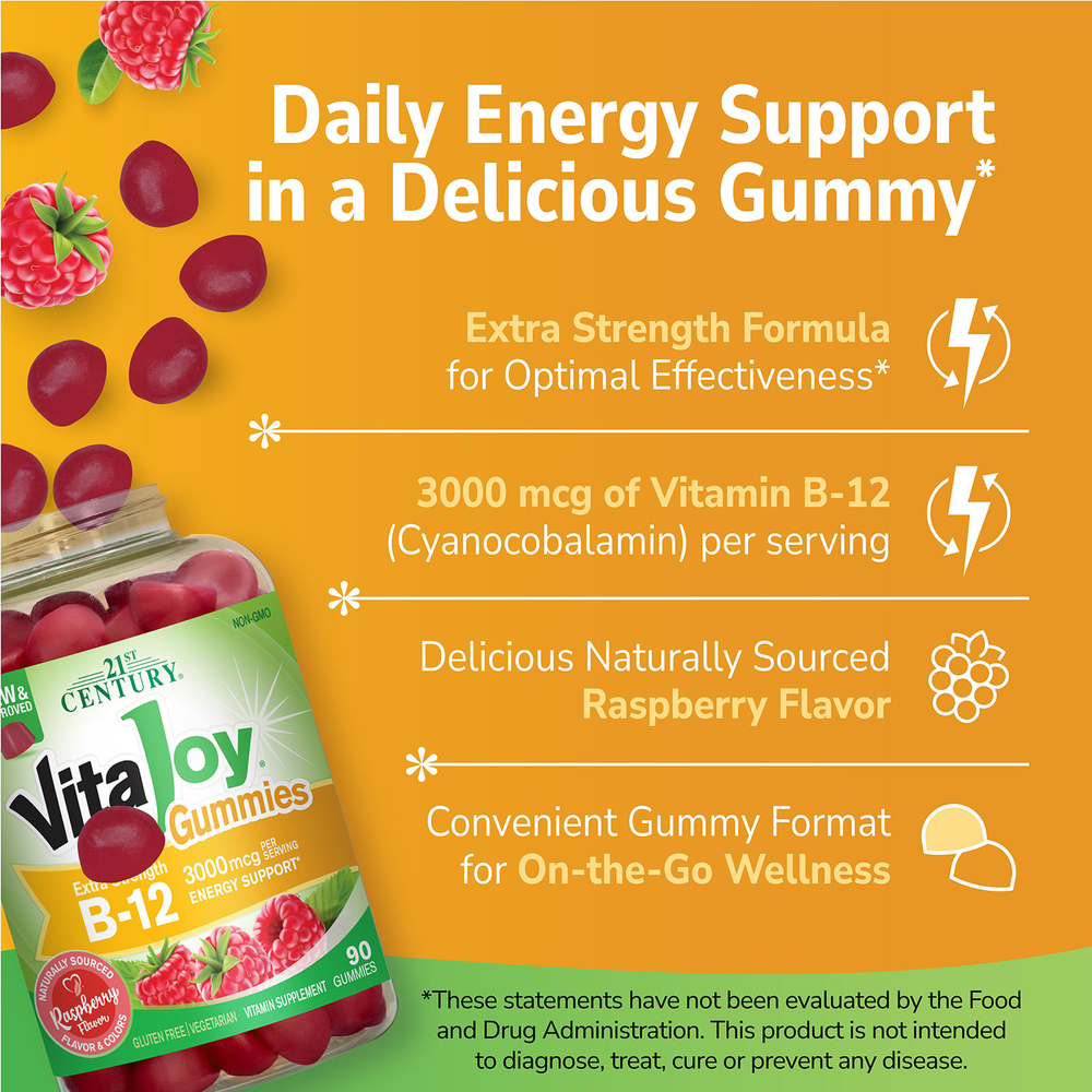 21st Century, VitaJoy®, жевательный витамин B12, со вкусом малины, 90 жевательных таблеток (1500 мкг в 1 таблетке)