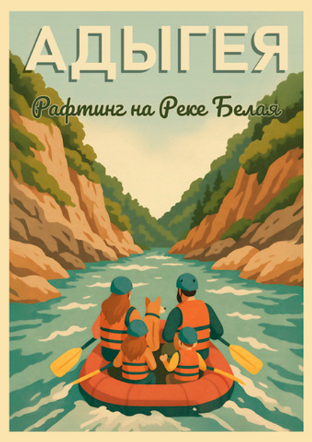Постер «Адыгея. Рафтинг на реке Белая» — винтажный сюжет активного отдыха