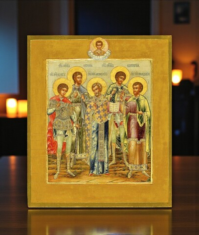 Евстратий, Авксентий, Евгений, Мардарий и Орест мученики Севастийские. Деревянная икона на левкасе