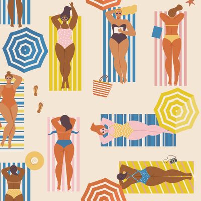 Летний принт с загорающими в бикини девушками