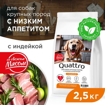 Корм сухой для взрослых собак крупных пород, премиум полнорационный комплекс, для собак с низким аппетитом, с индейкой, 2,5 кг, QUATTRO