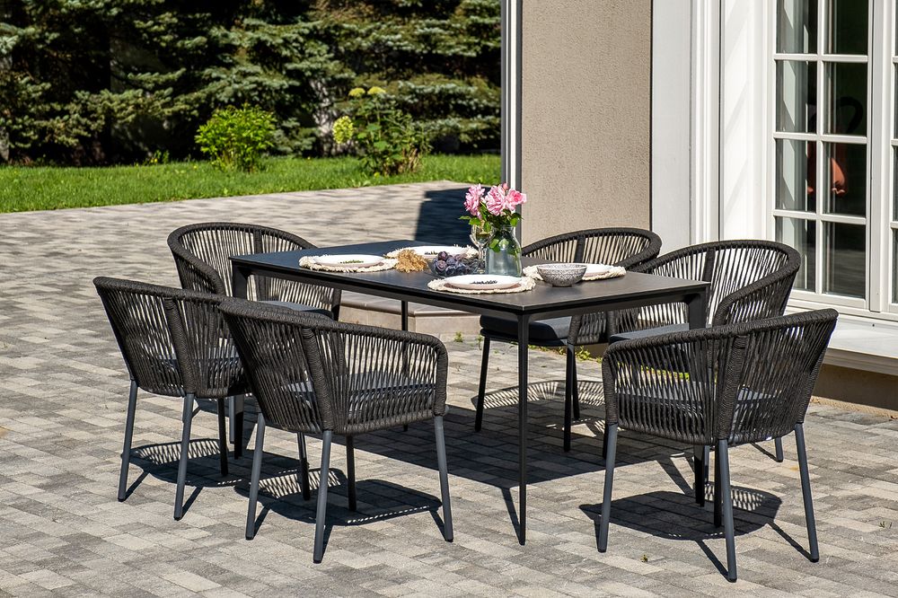 "Малага" обеденная группа на 6 персон со стульями "Марсель", каркас темно-серый, роуп темно-серый