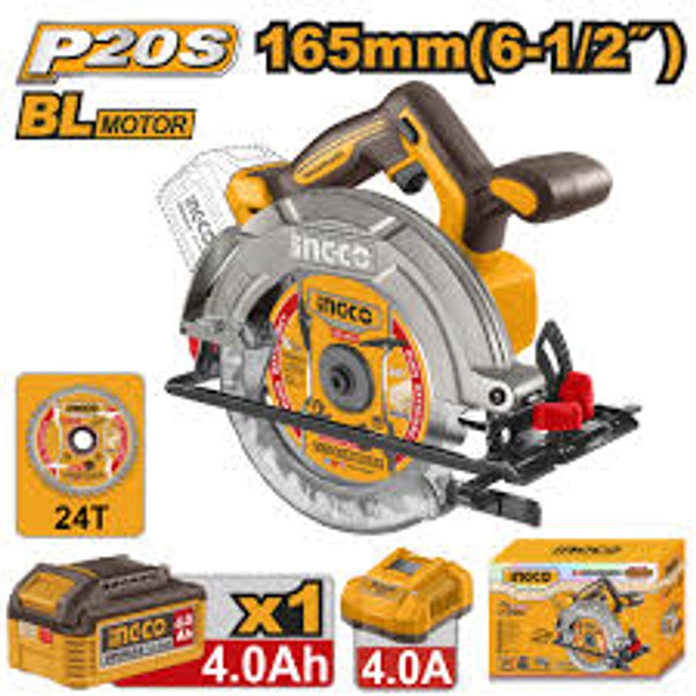 Аккумуляторная циркулярная пила INGCO CSLI16523 INDUSTRIAL 20 В 165 мм 1х4 Ач