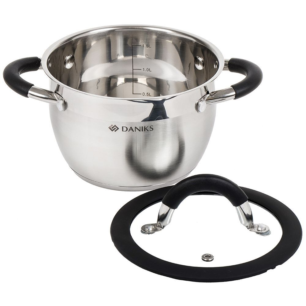 Кастрюля нерж, 1.9 л, с крыш, крышка стекло, Daniks, Орландо, GS-01435-16CA, серебр, индукц