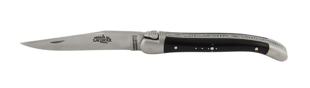 Folding knife 11 cm blade, 2 stainless steel bolster, black horn tip handle