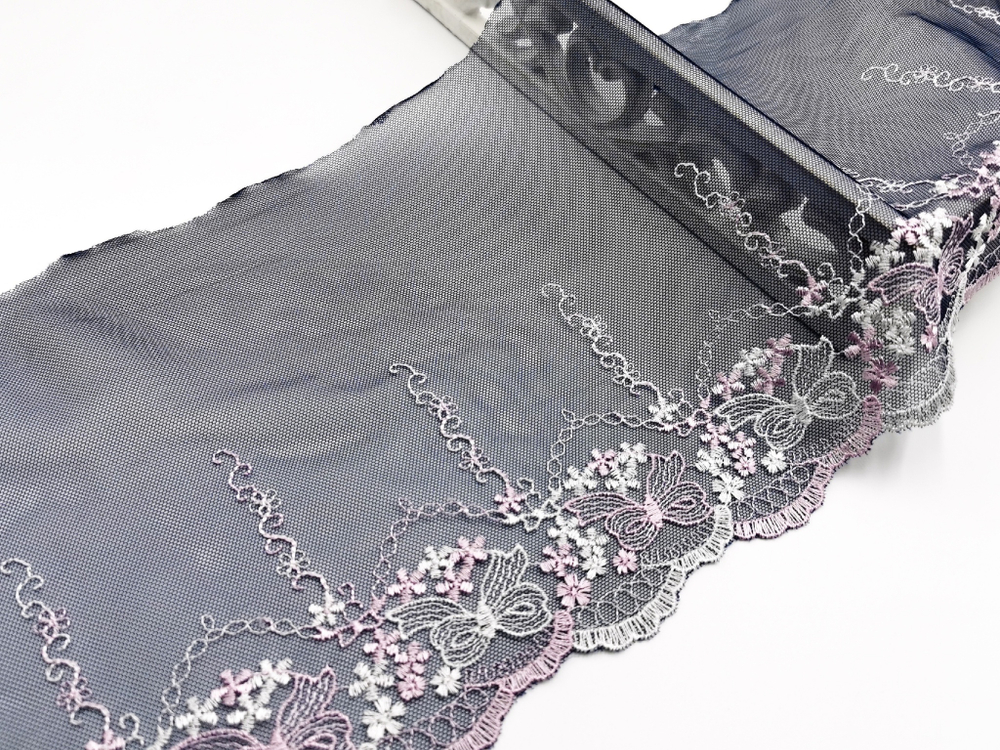 Вышивка на сетке, ЛЕВАЯ, 20 см, темно-синий/розовые бантики, (Артикул: VS-1027), м