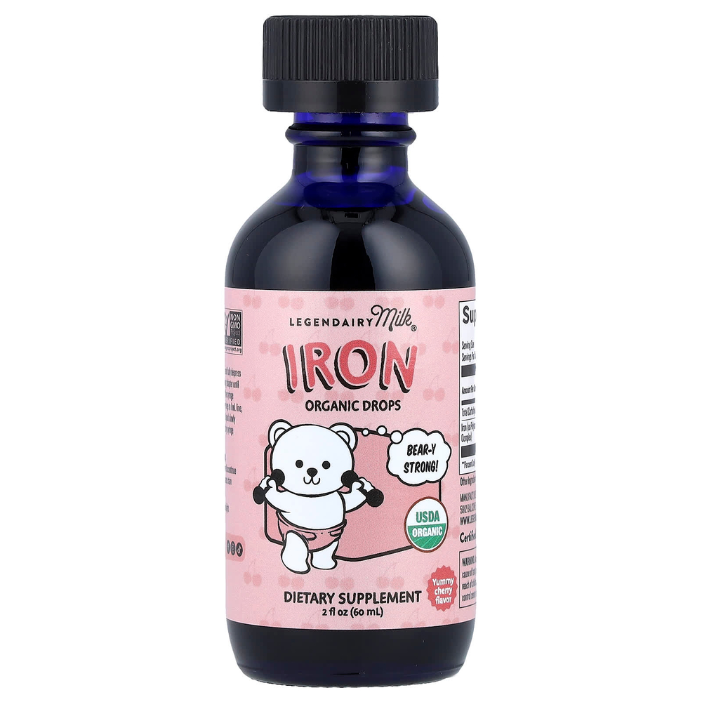 Legendairy Milk, Iron Organic Drops, для детей от 4 месяцев, вкусная вишня, 60 мл (2 жидк. Унции)