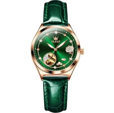 Часы наручные механические с автоподзаводом OLEVS на кожаном ремешке, черный/зеленый W10340-01