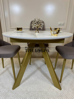 Круглый раздвижной стол "Бонжур", керамогранит, белый мрамор и стулья "Лондон"