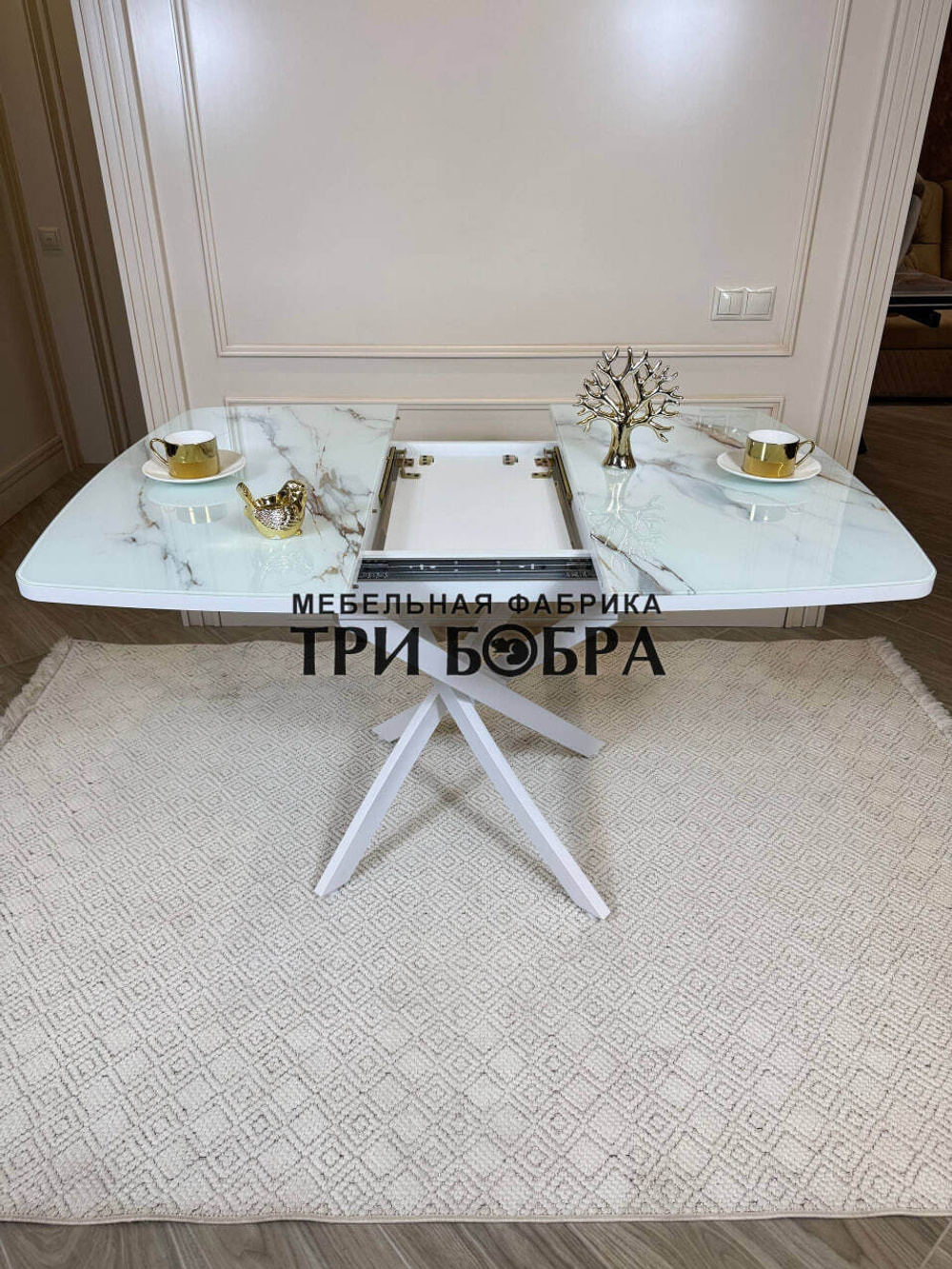 Кухонный раздвижной стол "Танго", белый мрамор