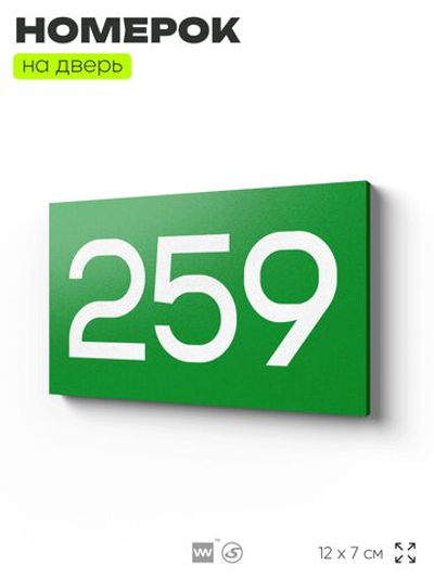 Номер на дверь 259, табличка на дверь для офиса, квартиры, кабинета, аудитории, склада, зеленая 120х70 мм, Айдентика Технолоджи