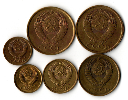 Набор монет 5, 3,2,1 копейки 1991 г. М, Л. 6 шт. XF
