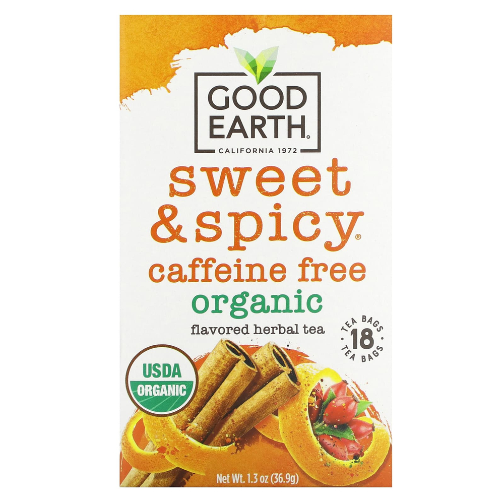 Good Earth Teas, органический травяной чай, сладкий и пряный, без кофеина, 18 чайных пакетиков, 36,9 г (1,3 унции)