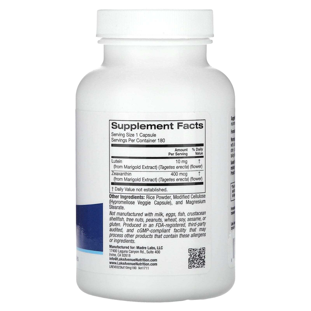 Lake Avenue Nutrition, лютеин, 10 мг, 180 растительных капсул