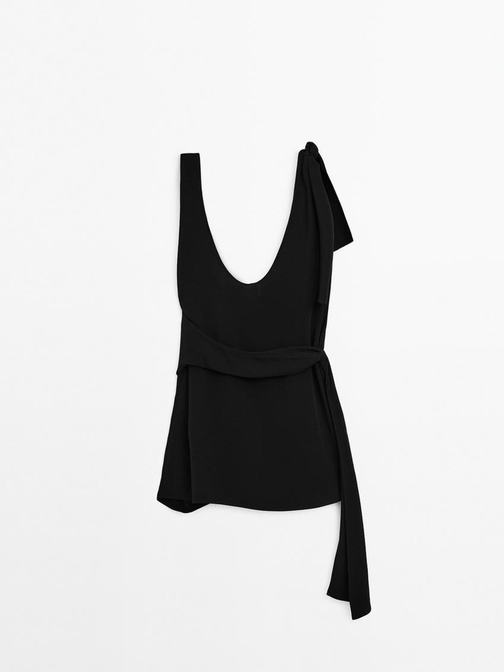 Massimo Dutti Креповый топ с узлом - Limited Edition, черный